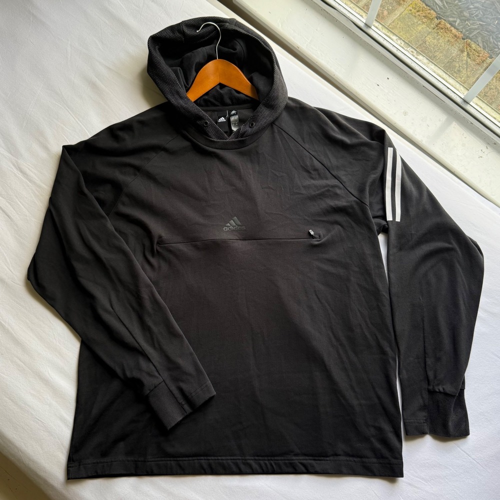 Adidas Mens XL Black Long Sleeve Hooded Shirt Zipper Chest Pocket 3 Stripe Logo
